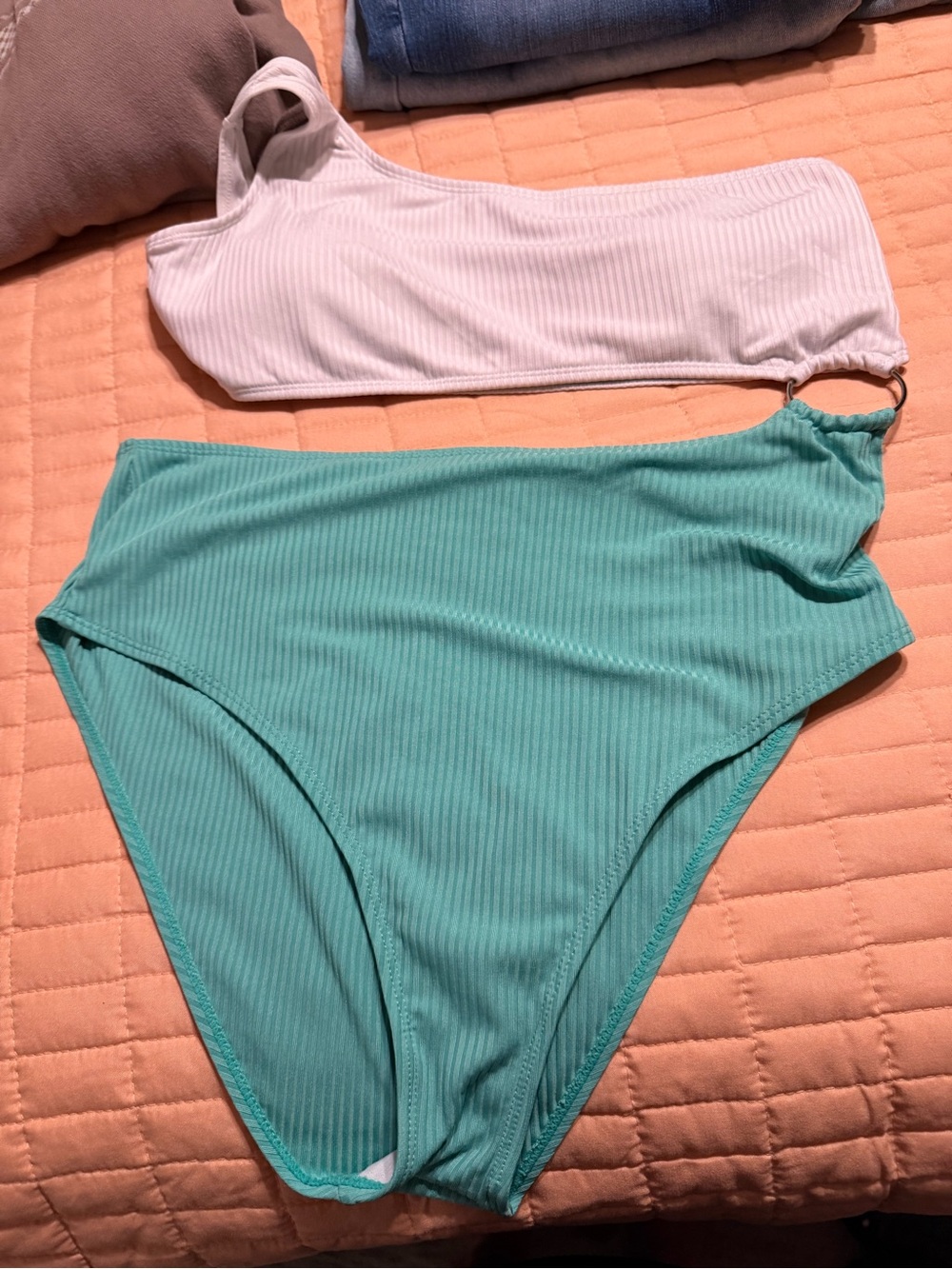 SHEIN White and Mint One-Shoulder Ribbed One-Piece Swim